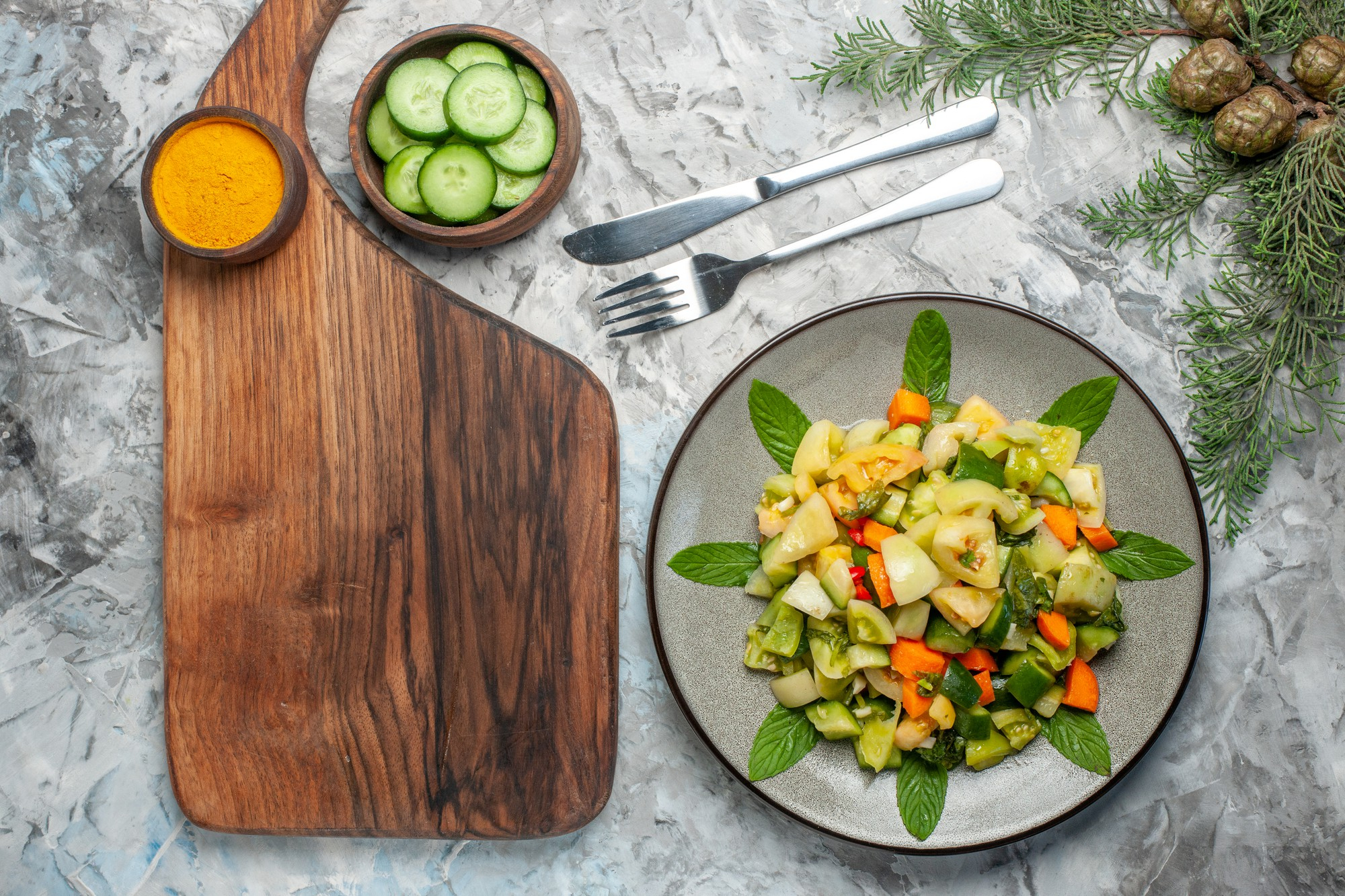 Fresh mango, calamansi, coconut, aubergine and leafy greens