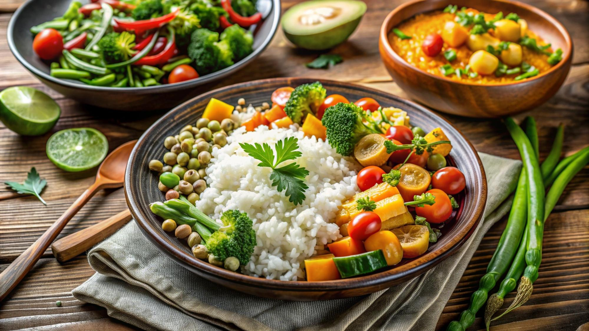 Coconut rice bowl with aubergine, sweet potato, corn and greens